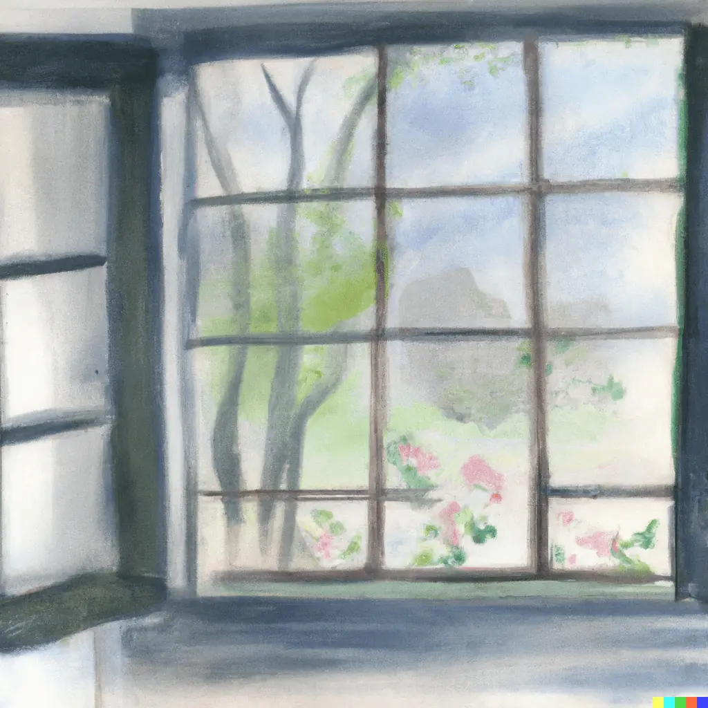 Watercolor painting of a window view overlooking a lush spring yard, symbolizing the comfort provided by routine HVAC maintenance