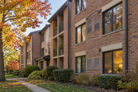 Brick condominium building with exterior ventilation louvers and autumn trees